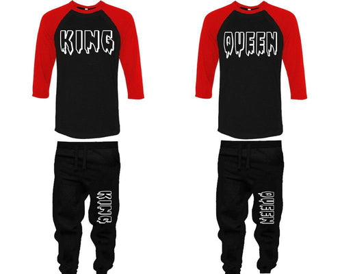 King and Queen baseball shirts, matching top and bottom set, Red Black Black baseball shirts, men joggers, shirt and jogger pants women. Matching couple joggers