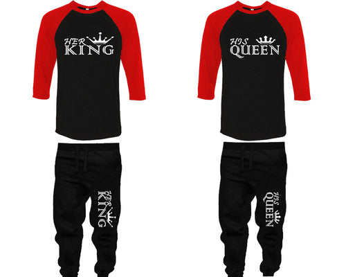 Her King and His Queen baseball shirts, matching top and bottom set, Red Black Black baseball shirts, men joggers, shirt and jogger pants women. Matching couple joggers