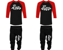 Load image into Gallery viewer, Her King and His Queen baseball shirts, matching top and bottom set, Red Black Black baseball shirts, men joggers, shirt and jogger pants women. Matching couple joggers
