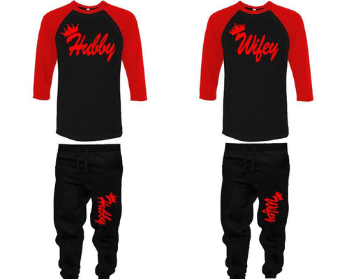 Hubby and Wifey baseball shirts, matching top and bottom set, Red Black Black baseball shirts, men joggers, shirt and jogger pants women. Matching couple joggers