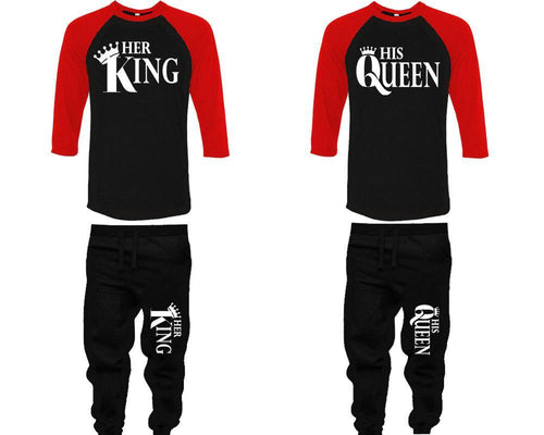 Her King and His Queen baseball shirts, matching top and bottom set, Red Black Black baseball shirts, men joggers, shirt and jogger pants women. Matching couple joggers