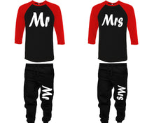 Load image into Gallery viewer, Mr and Mrs baseball shirts, matching top and bottom set, Red Black Black baseball shirts, men joggers, shirt and jogger pants women. Matching couple joggers
