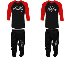 Hubby and Wifey baseball shirts, matching top and bottom set, Red Black Black baseball shirts, men joggers, shirt and jogger pants women. Matching couple joggers