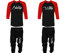 Load image into Gallery viewer, Hubby and Wifey baseball shirts, matching top and bottom set, Red Black Black baseball shirts, men joggers, shirt and jogger pants women. Matching couple joggers
