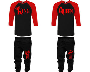 King and Queen baseball shirts, matching top and bottom set, Red Black Black baseball shirts, men joggers, shirt and jogger pants women. Matching couple joggers