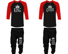 Charger l&#39;image dans la galerie, King and Queen baseball shirts, matching top and bottom set, Red Black Black baseball shirts, men joggers, shirt and jogger pants women. Matching couple joggers
