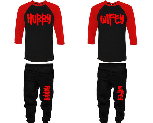 Hubby and Wifey baseball shirts, matching top and bottom set, Red Black Black baseball shirts, men joggers, shirt and jogger pants women. Matching couple joggers