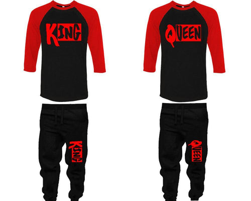 King and Queen baseball shirts, matching top and bottom set, Red Black Black baseball shirts, men joggers, shirt and jogger pants women. Matching couple joggers