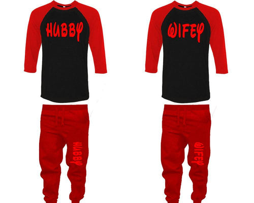 Hubby and Wifey baseball shirts, matching top and bottom set, Red Black Red baseball shirts, men joggers, shirt and jogger pants women. Matching couple joggers