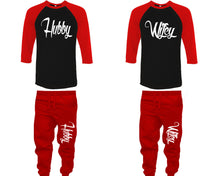 Charger l&#39;image dans la galerie, Hubby and Wifey baseball shirts, matching top and bottom set, Red Black Red baseball shirts, men joggers, shirt and jogger pants women. Matching couple joggers
