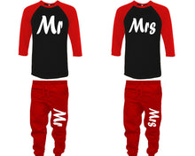 Load image into Gallery viewer, Mr and Mrs baseball shirts, matching top and bottom set, Red Black Red baseball shirts, men joggers, shirt and jogger pants women. Matching couple joggers
