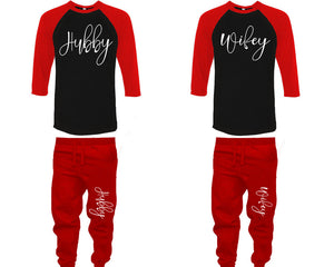 Hubby and Wifey baseball shirts, matching top and bottom set, Red Black Red baseball shirts, men joggers, shirt and jogger pants women. Matching couple joggers