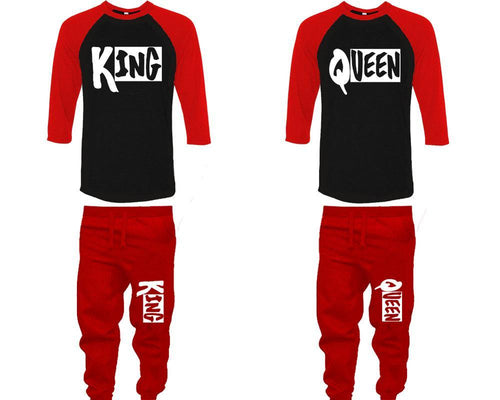 King and Queen baseball shirts, matching top and bottom set, Red Black Red baseball shirts, men joggers, shirt and jogger pants women. Matching couple joggers