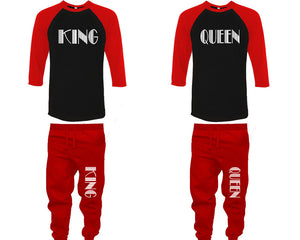 King and Queen baseball shirts, matching top and bottom set, Red Black Red baseball shirts, men joggers, shirt and jogger pants women. Matching couple joggers