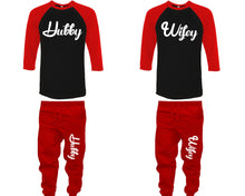 Load image into Gallery viewer, Hubby and Wifey baseball shirts, matching top and bottom set, Red Black Red baseball shirts, men joggers, shirt and jogger pants women. Matching couple joggers
