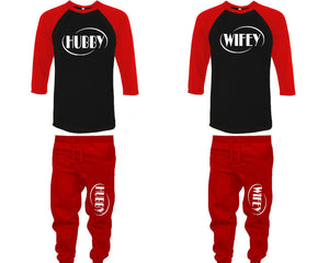 Hubby and Wifey baseball shirts, matching top and bottom set, Red Black Red baseball shirts, men joggers, shirt and jogger pants women. Matching couple joggers