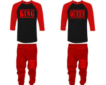 Load image into Gallery viewer, King and Queen baseball shirts, matching top and bottom set, Red Black Red baseball shirts, men joggers, shirt and jogger pants women. Matching couple joggers
