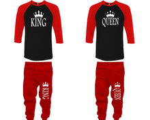 Load image into Gallery viewer, King and Queen baseball shirts, matching top and bottom set, Red Black Red baseball shirts, men joggers, shirt and jogger pants women. Matching couple joggers
