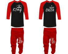 Charger l&#39;image dans la galerie, King and Queen baseball shirts, matching top and bottom set, Red Black Red baseball shirts, men joggers, shirt and jogger pants women. Matching couple joggers

