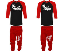 Load image into Gallery viewer, Hubby and Wifey baseball shirts, matching top and bottom set, Red Black Red baseball shirts, men joggers, shirt and jogger pants women. Matching couple joggers
