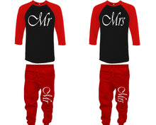 Charger l&#39;image dans la galerie, Mr and Mrs baseball shirts, matching top and bottom set, Red Black Red baseball shirts, men joggers, shirt and jogger pants women. Matching couple joggers
