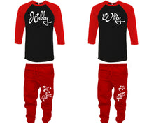Charger l&#39;image dans la galerie, Hubby and Wifey baseball shirts, matching top and bottom set, Red Black Red baseball shirts, men joggers, shirt and jogger pants women. Matching couple joggers
