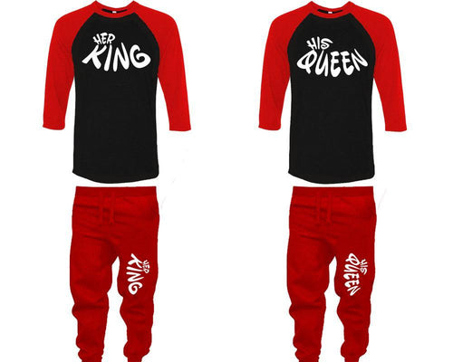 Her King and His Queen baseball shirts, matching top and bottom set, Red Black Red baseball shirts, men joggers, shirt and jogger pants women. Matching couple joggers