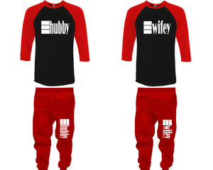 Hubby and Wifey baseball shirts, matching top and bottom set, Red Black Red baseball shirts, men joggers, shirt and jogger pants women. Matching couple joggers