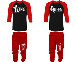 King and Queen baseball shirts, matching top and bottom set, Red Black Red baseball shirts, men joggers, shirt and jogger pants women. Matching couple joggers