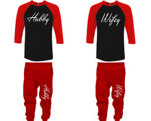 將圖片載入圖庫檢視器 Hubby and Wifey baseball shirts, matching top and bottom set, Red Black Red baseball shirts, men joggers, shirt and jogger pants women. Matching couple joggers
