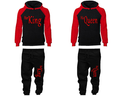 Her King and His Queen matching top and bottom set, Red Black raglan hoodie and sweatpants sets for mens, raglan hoodie and jogger set womens. Matching couple joggers.