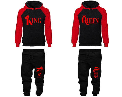 King and Queen matching top and bottom set, Red Black raglan hoodie and sweatpants sets for mens, raglan hoodie and jogger set womens. Matching couple joggers.