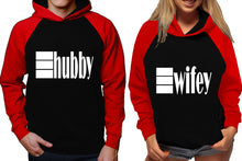 將圖片載入圖庫檢視器 Hubby and Wifey raglan hoodies, Matching couple hoodies, Red Black his and hers man and woman contrast raglan hoodies
