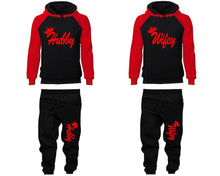 將圖片載入圖庫檢視器 Hubby and Wifey matching top and bottom set, Red Black raglan hoodie and sweatpants sets for mens, raglan hoodie and jogger set womens. Matching couple joggers.
