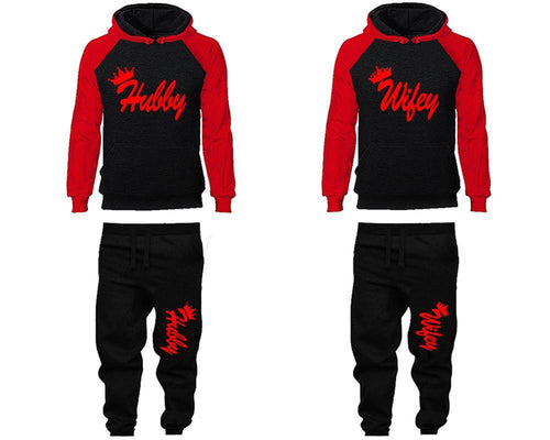 Hubby and Wifey matching top and bottom set, Red Black raglan hoodie and sweatpants sets for mens, raglan hoodie and jogger set womens. Matching couple joggers.