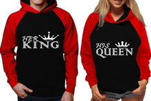 Load image into Gallery viewer, Her King and His Queen raglan hoodies, Matching couple hoodies, Red Black his and hers man and woman contrast raglan hoodies
