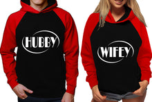 Load image into Gallery viewer, Hubby and Wifey raglan hoodies, Matching couple hoodies, Red Black his and hers man and woman contrast raglan hoodies
