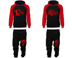 Her King and His Queen matching top and bottom set, Red Black raglan hoodie and sweatpants sets for mens, raglan hoodie and jogger set womens. Matching couple joggers.