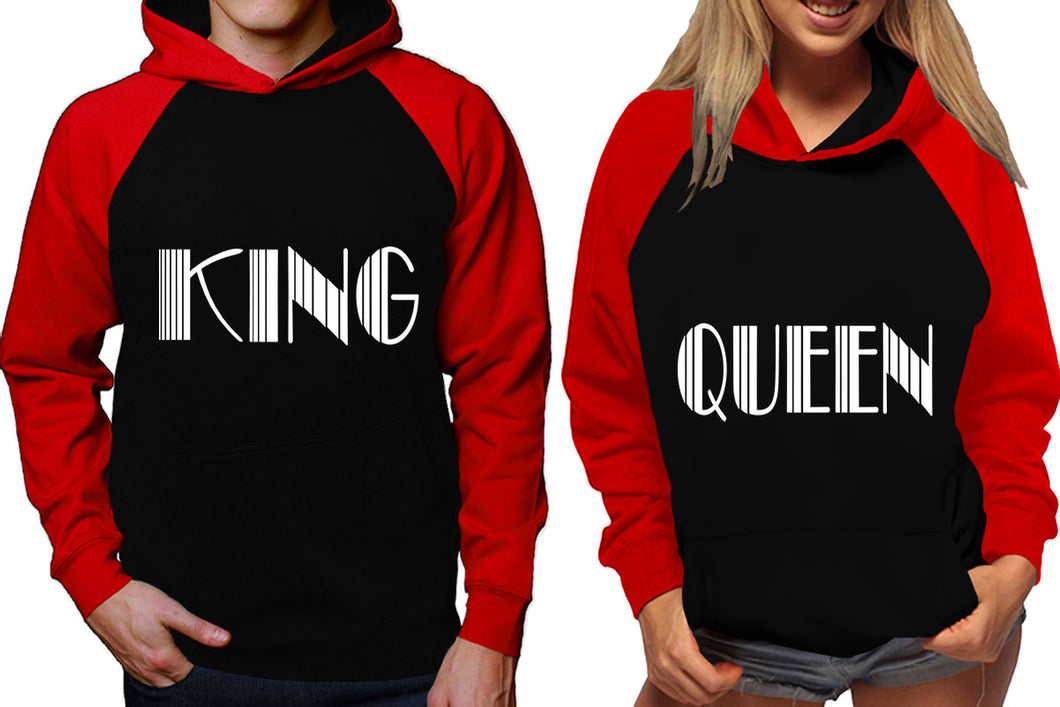 King and Queen raglan hoodies, Matching couple hoodies, Red Black his and hers man and woman contrast raglan hoodies