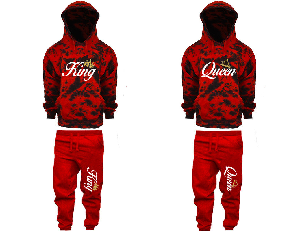 King and Queen matching top and bottom set, Red Cloud design tie dye hoodie and jogger pants set for mens, tie dye hoodie and jogger set womens. Matching couple joggers.