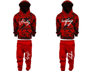 Hubby and Wifey matching top and bottom set, Red Cloud design tie dye hoodie and jogger pants set for mens, tie dye hoodie and jogger set womens. Matching couple joggers.