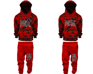Mr and Mrs matching top and bottom set, Red Cloud design tie dye hoodie and jogger pants set for mens, tie dye hoodie and jogger set womens. Matching couple joggers.