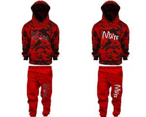 Soul and Mate matching top and bottom set, Red Cloud design tie dye hoodie and jogger pants set for mens, tie dye hoodie and jogger set womens. Matching couple joggers.