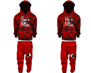 She's Mine and He's Mine matching top and bottom set, Red Cloud design tie dye hoodie and jogger pants set for mens, tie dye hoodie and jogger set womens. Matching couple joggers.