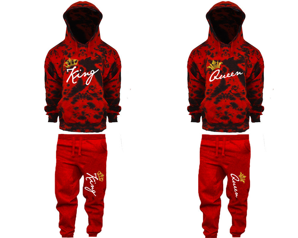 King and Queen matching top and bottom set, Red Cloud design tie dye hoodie and jogger pants set for mens, tie dye hoodie and jogger set womens. Matching couple joggers.