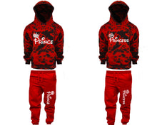 Charger l&#39;image dans la galerie, Prince and Princess matching top and bottom set, Red Cloud design tie dye hoodie and jogger pants set for mens, tie dye hoodie and jogger set womens. Matching couple joggers.
