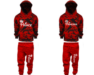 Prince and Princess matching top and bottom set, Red Cloud design tie dye hoodie and jogger pants set for mens, tie dye hoodie and jogger set womens. Matching couple joggers.