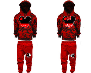 Mickey and Minnie matching top and bottom set, Red Cloud design tie dye hoodie and jogger pants set for mens, tie dye hoodie and jogger set womens. Matching couple joggers.