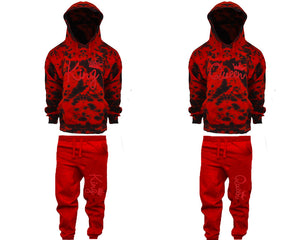 King and Queen matching top and bottom set, Red Glitter design tie dye hoodie and jogger pants set for mens, tie dye hoodie and jogger set womens. Matching couple joggers.
