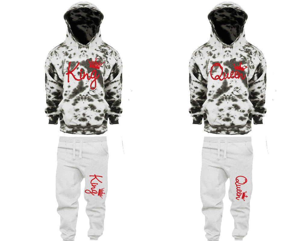 King and Queen matching top and bottom set, Red Glitter design tie dye hoodie and jogger pants set for mens, tie dye hoodie and jogger set womens. Matching couple joggers.